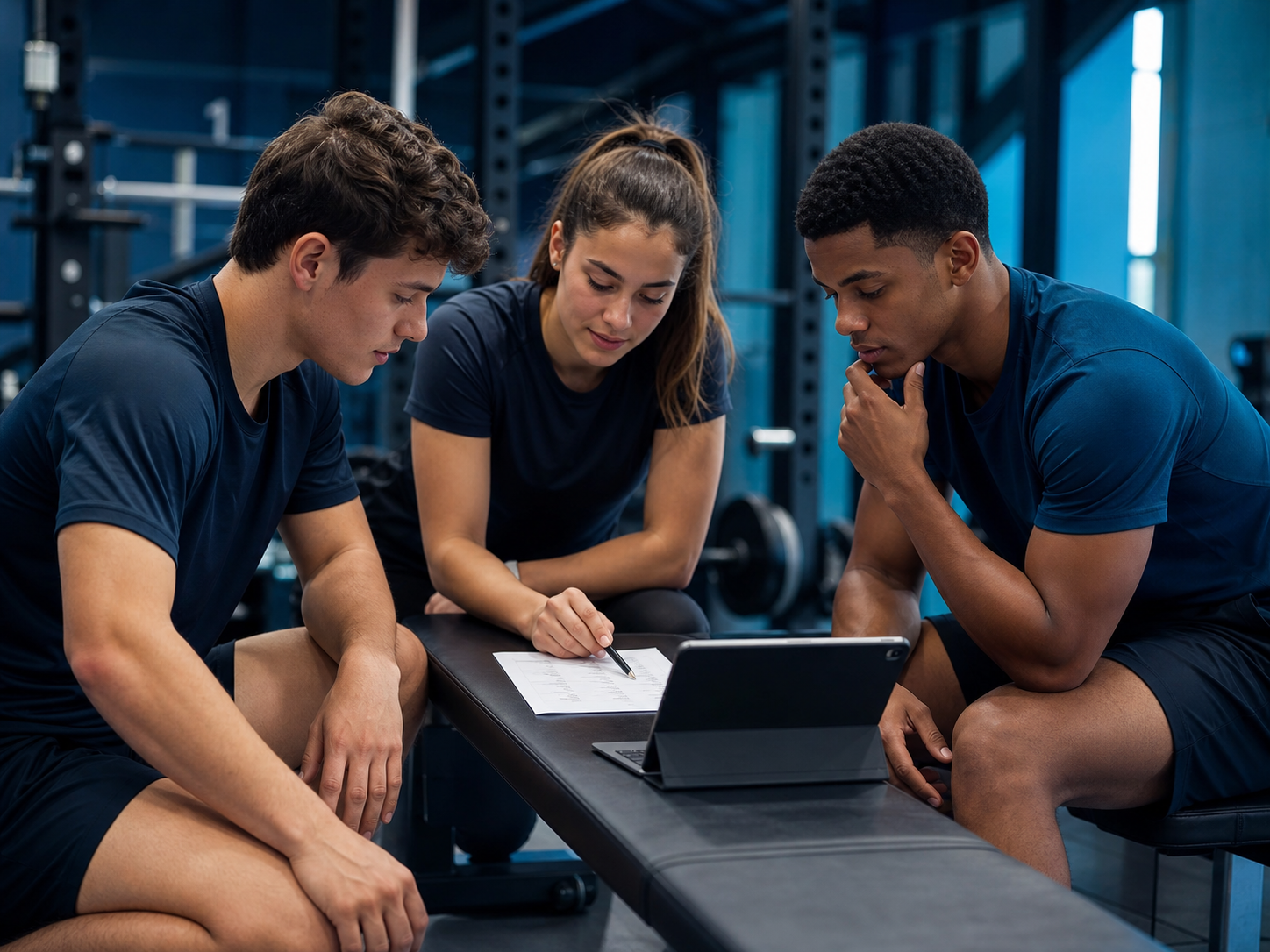 Three young athletes reviewing a training plan together in a performance gym